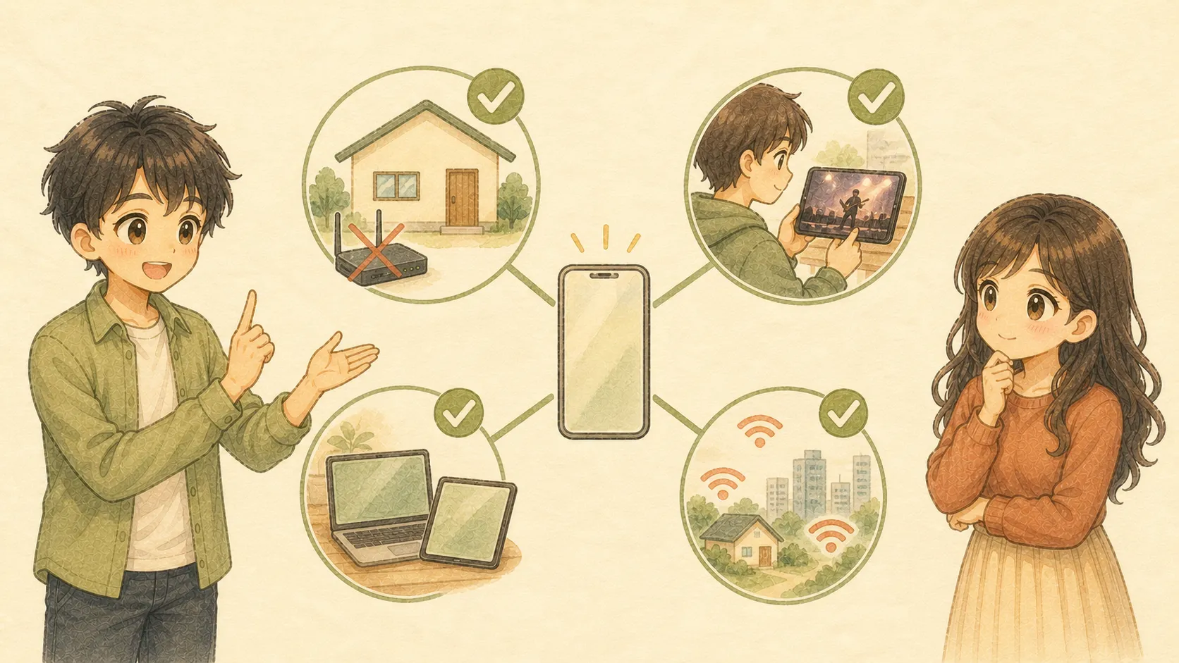 固定回線が不要、外で大容量通信、少数端末、自宅と生活圏の電波という四つの条件を楽天モバイルのスマホへつなぐKとU