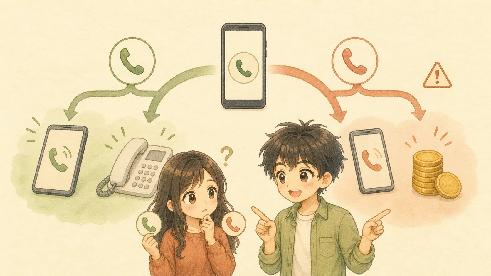 Rakuten Linkからの無料国内通話と、標準電話アプリからの有料通話の分岐を確認するKとU